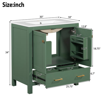30 Inch Green Bathroom Vanity with Single Sink, Combination Under Counter Sink, Bathroom Storage Cabinet with 2 Doors and a Drawer