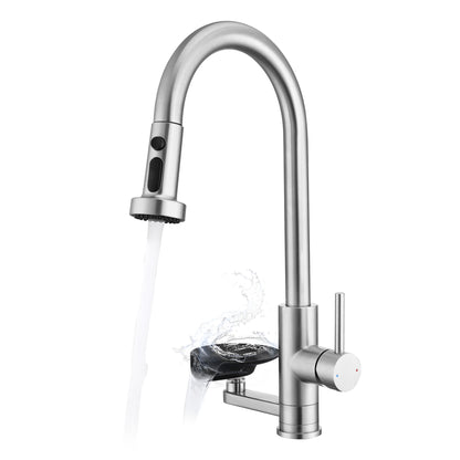 3-in-1 Kitchen Faucet with Press-Type Glass Rinser, High-Arc Pull-Down Sprayer Faucet, 3 Function Spray Mode, Brushed Nickel Finish, for Modern Kitchen Sink
