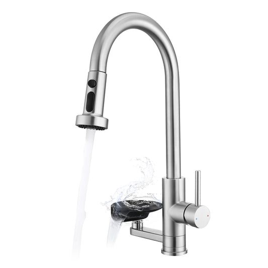 3-in-1 Kitchen Faucet with Press-Type Glass Rinser, High-Arc Pull-Down Sprayer Faucet, 3 Function Spray Mode, Brushed Nickel Finish, for Modern Kitchen Sink