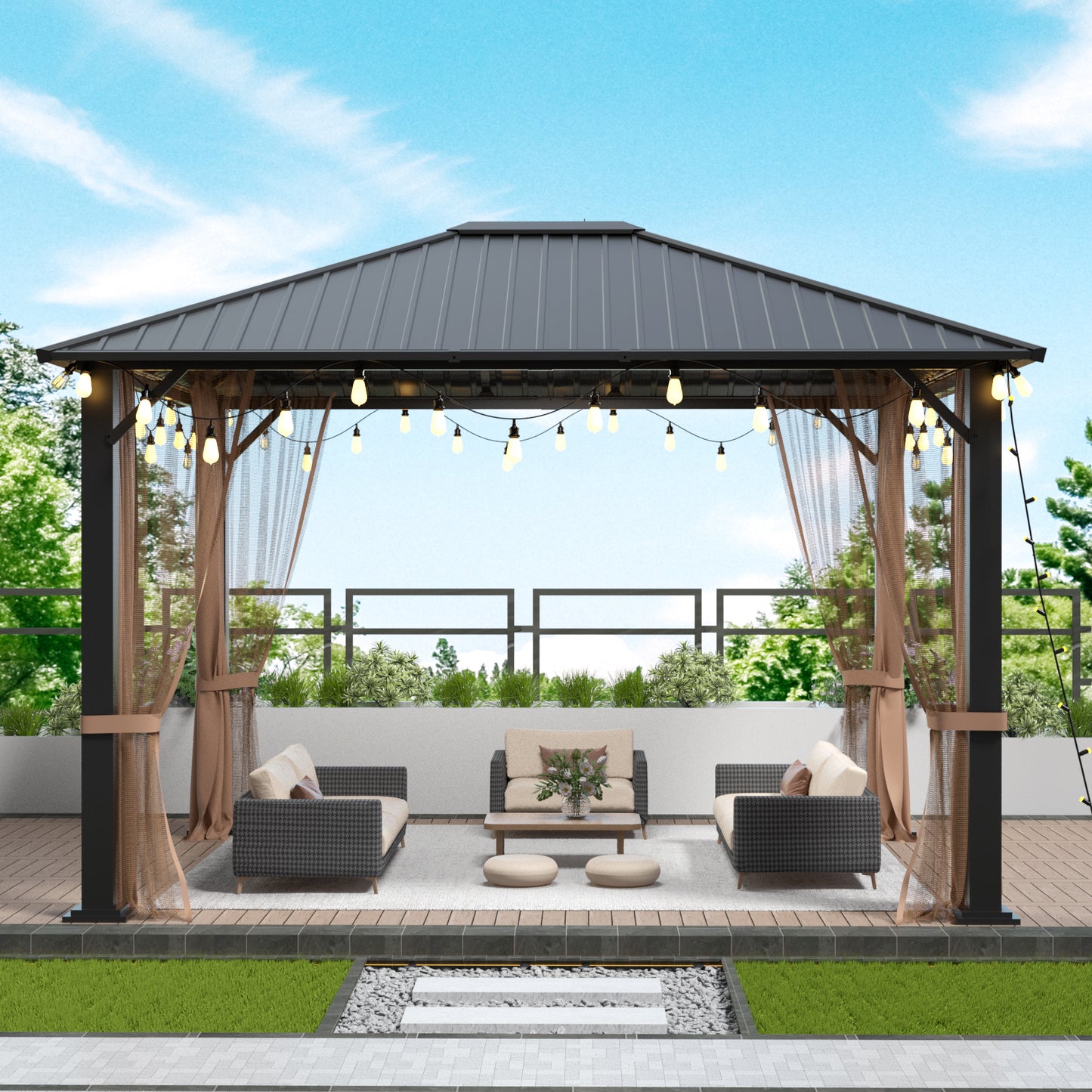 10 ft. x 12 ft. Hardtop Metal Gazebo, Heavy Duty Pergola with Mosquito Nets, Sturdy Outdoor Canopies Tent