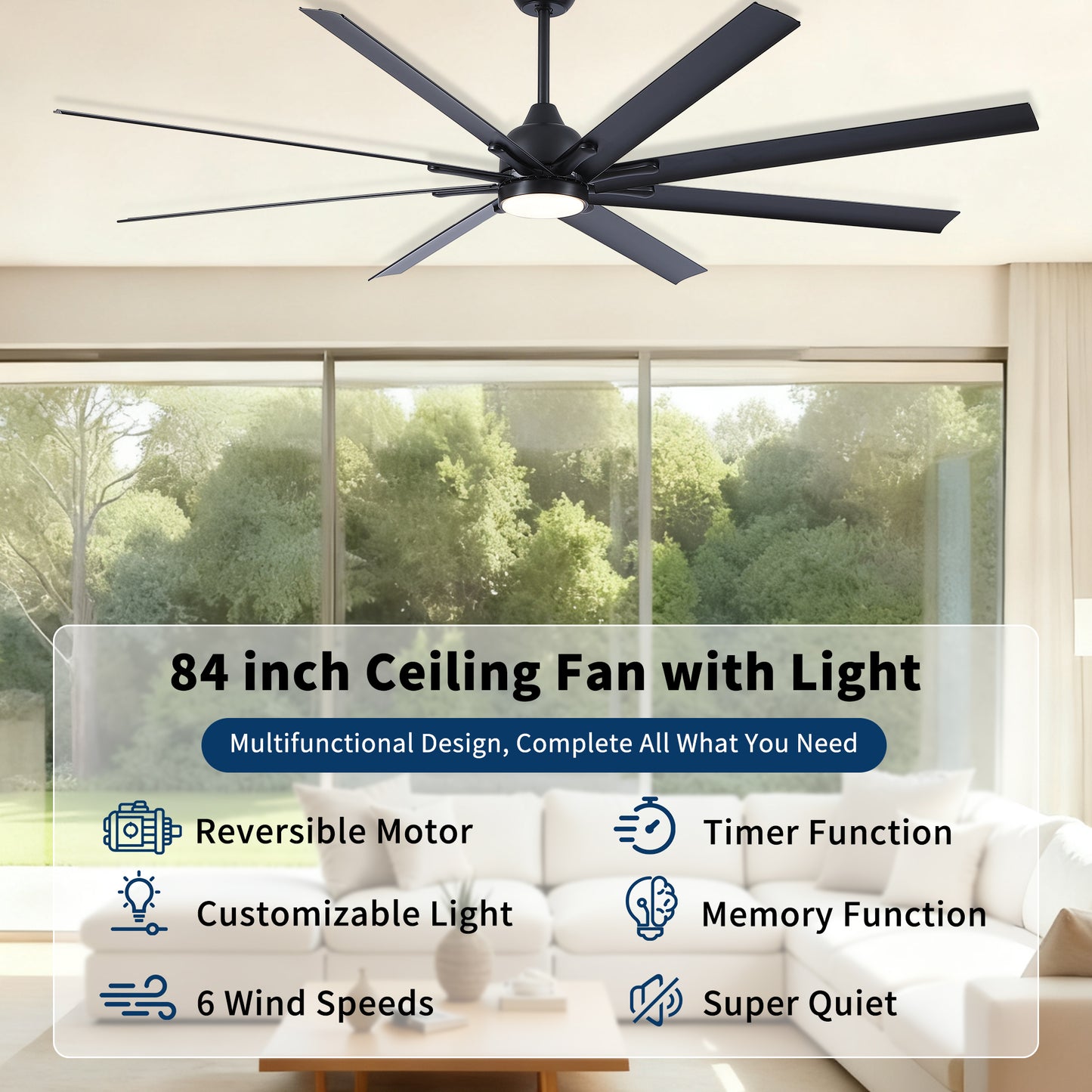 84 in. Super Large Black Ceiling Fan with 8 Blades Included with Remote