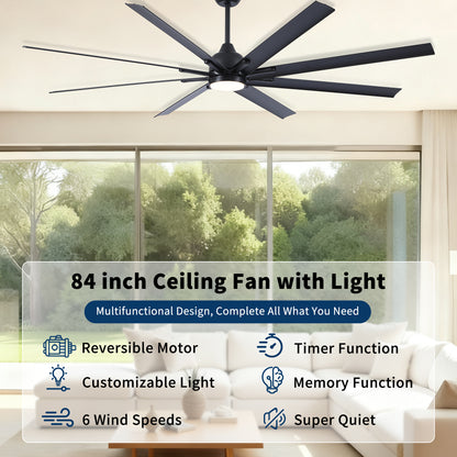 84 in. Super Large Black Ceiling Fan with 8 Blades Included with Remote