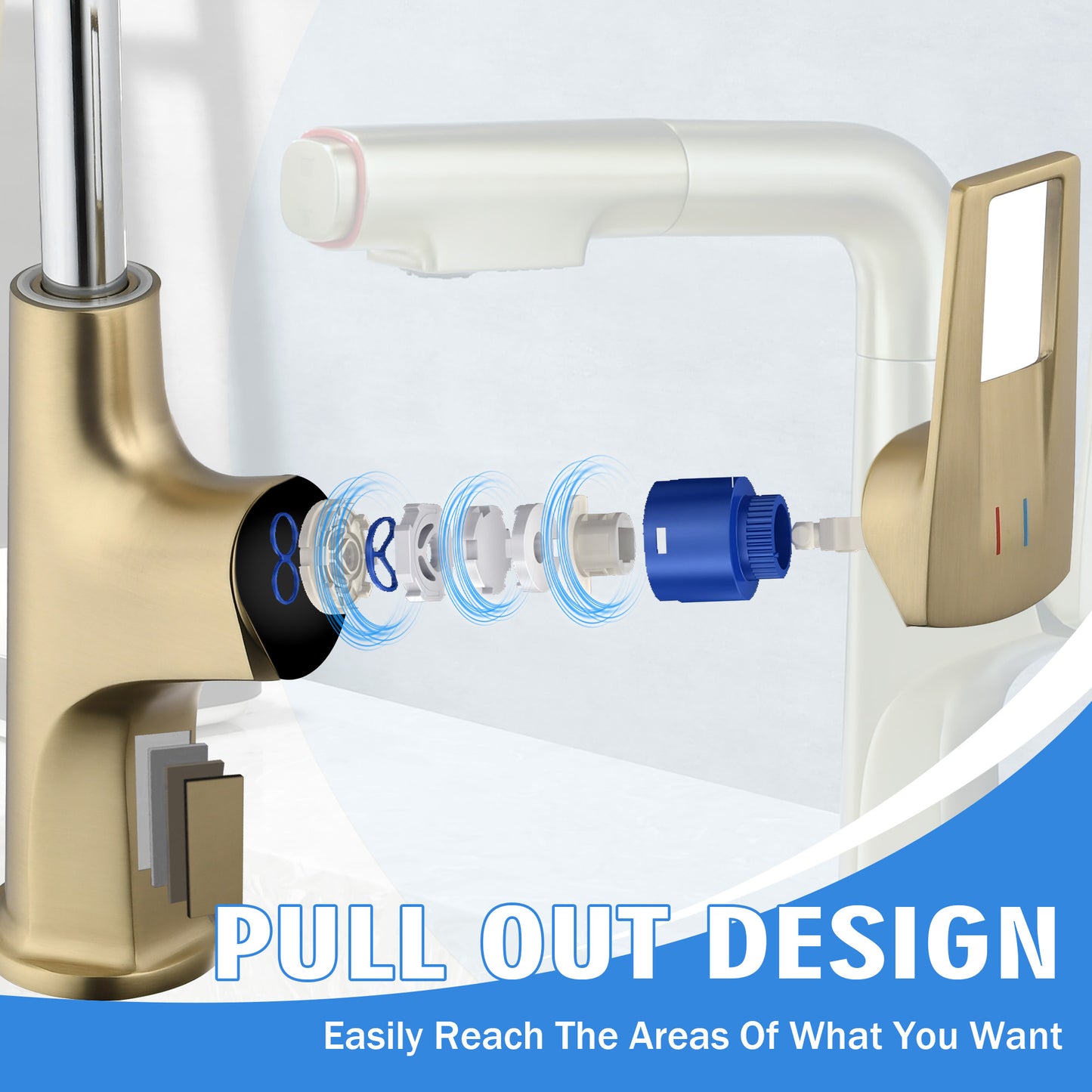 Brushed Gold Pull-Down Vessel Faucet - Single Hole Bathroom Sink Faucet with Lift Spout & Dual Spray Modes