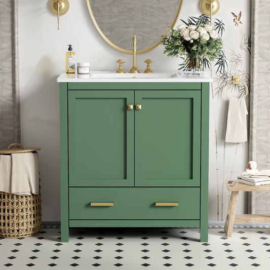 30 Inch Green Bathroom Vanity with Single Sink, Combination Under Counter Sink, Bathroom Storage Cabinet with 2 Doors and a Drawer