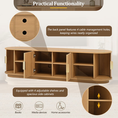 Farmhouse Wooden TV Stand with Sliding Tambour Door for TVs up to 75", Fluted Media Console with Adjustable Storage, Golden Handle TV Cabinet with Cable holes for Living Room, Natural