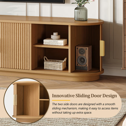 Farmhouse Wooden TV Stand with Sliding Tambour Door for TVs up to 75", Fluted Media Console with Adjustable Storage, Golden Handle TV Cabinet with Cable holes for Living Room, Natural