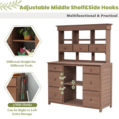 Garden Potting Bench Table, Rustic and Sleek Design with Multiple Drawers and Shelves for Storage, Brown