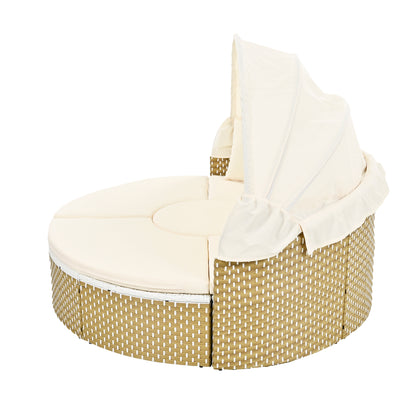 Wicker Patio Outdoor Sofa Set Rattan Daybed Two-Tone Weave Sunbed with Retractable Canopy, Beige Cushions
