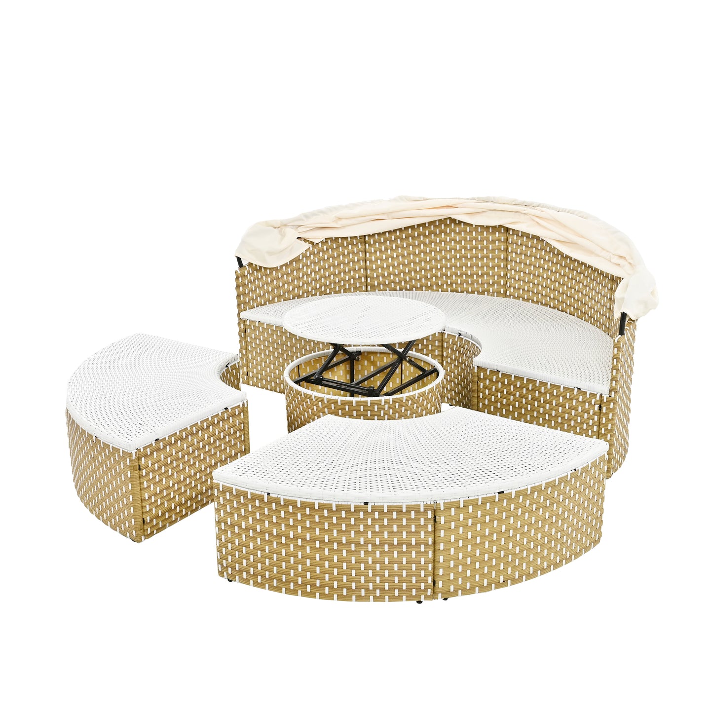 Wicker Patio Outdoor Sofa Set Rattan Daybed Two-Tone Weave Sunbed with Retractable Canopy, Beige Cushions