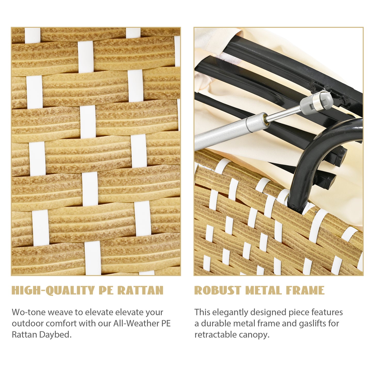 Wicker Patio Outdoor Sofa Set Rattan Daybed Two-Tone Weave Sunbed with Retractable Canopy, Beige Cushions