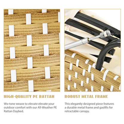 Wicker Patio Outdoor Sofa Set Rattan Daybed Two-Tone Weave Sunbed with Retractable Canopy, Beige Cushions