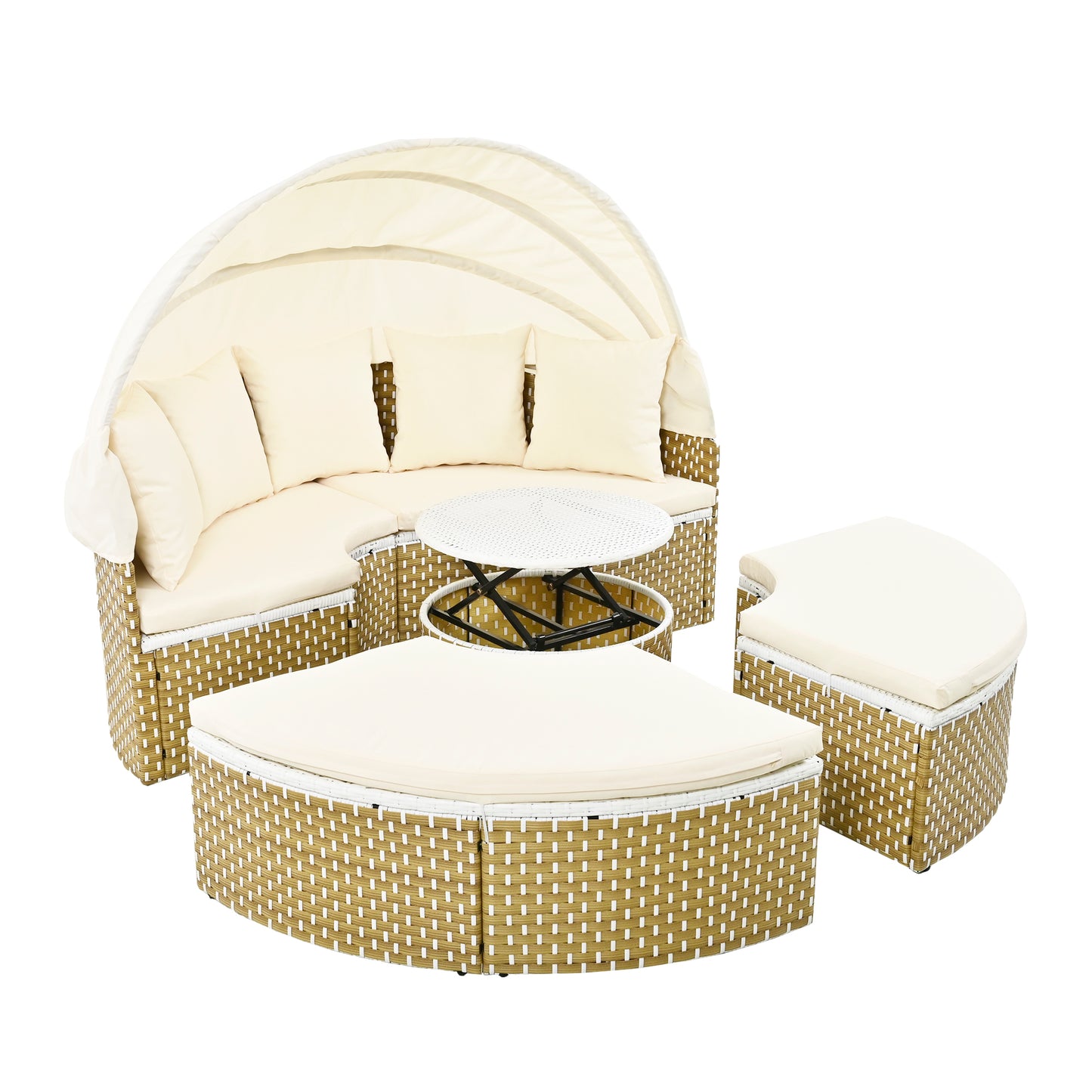 Wicker Patio Outdoor Sofa Set Rattan Daybed Two-Tone Weave Sunbed with Retractable Canopy, Beige Cushions
