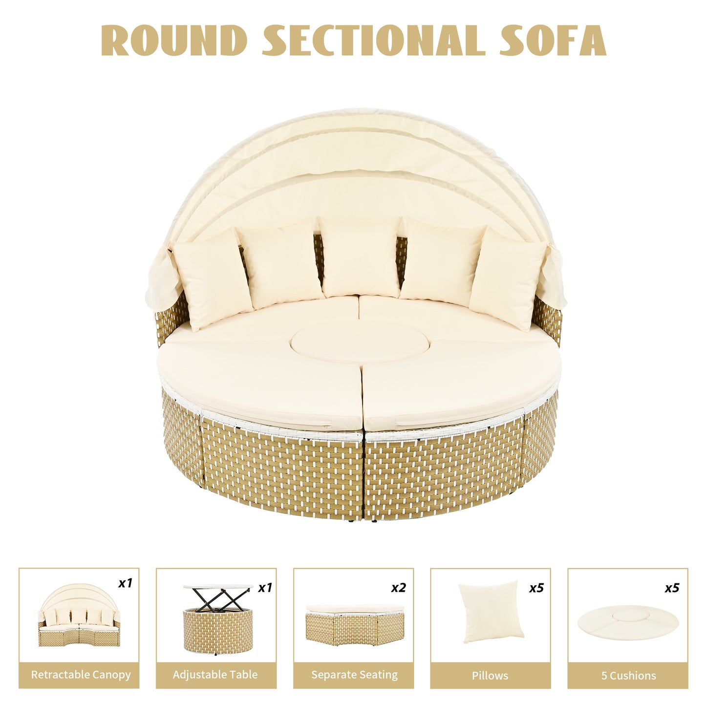 Wicker Patio Outdoor Sofa Set Rattan Daybed Two-Tone Weave Sunbed with Retractable Canopy, Beige Cushions