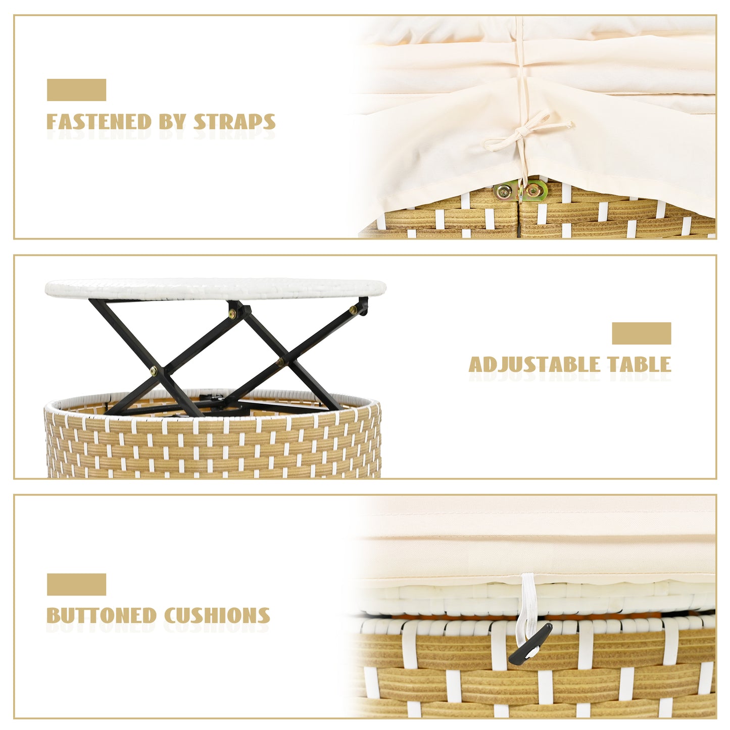 Wicker Patio Outdoor Sofa Set Rattan Daybed Two-Tone Weave Sunbed with Retractable Canopy, Beige Cushions