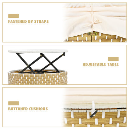 Wicker Patio Outdoor Sofa Set Rattan Daybed Two-Tone Weave Sunbed with Retractable Canopy, Beige Cushions