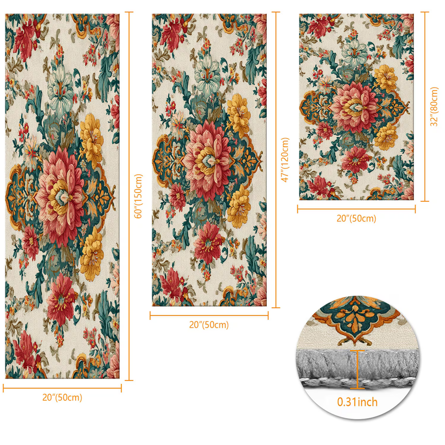 3-Piece Indoor Mats Set Non-Slip Washable Runner Mats Soft Floor Mats for Kitchen Laundry Hallway and Entryway 20x32in 20x47in 20x60in