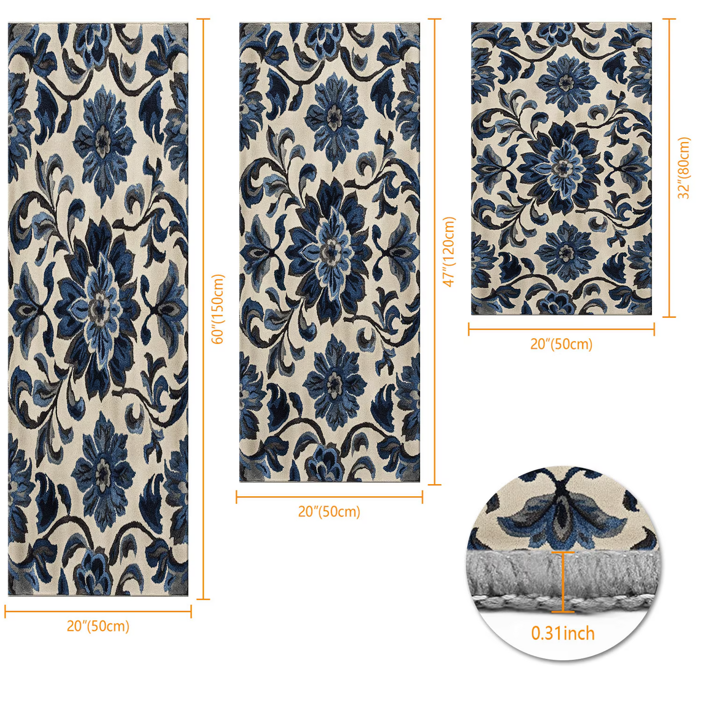 3-Piece Indoor Mats Set Non-Slip Washable Runner Mats Soft Floor Mats for Kitchen Laundry Hallway and Entryway 20x32in 20x47in 20x60in