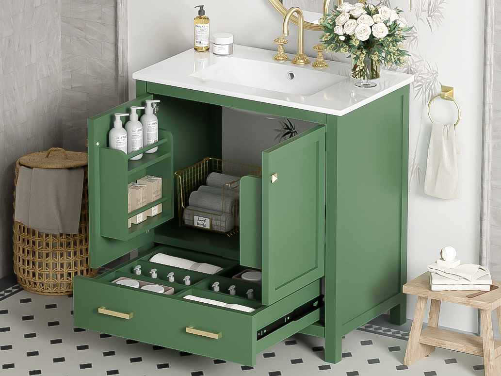 30 Inch Green Bathroom Vanity with Single Sink, Combination Under Counter Sink, Bathroom Storage Cabinet with 2 Doors and a Drawer