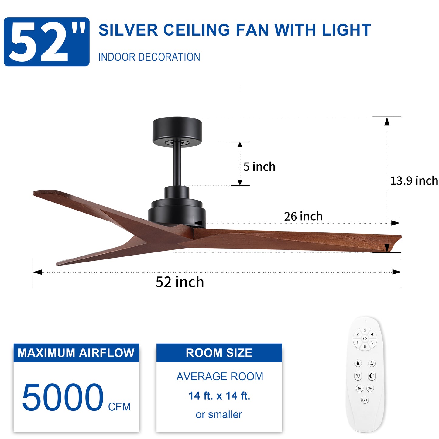 52 in. Indoor Black Low Profile 3-Blade Ceiling Fan with Remote Included for Bedrooms or Living Rooms