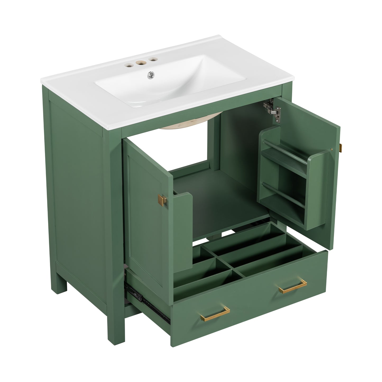 30 Inch Green Bathroom Vanity with Single Sink, Combination Under Counter Sink, Bathroom Storage Cabinet with 2 Doors and a Drawer