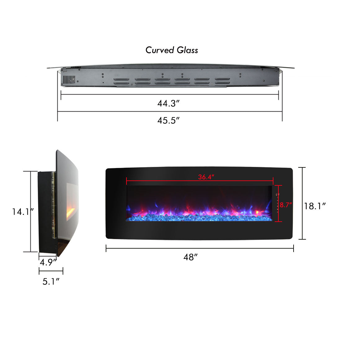 48 inch Curved Front Wall Mounted Electric Fireplace with Remote and Multi Color Flame & Emberbe