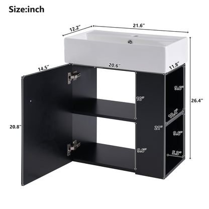 21.6 inch Modern Floating Bathroom Vanity with Ceramic Basin - Perfect for Small Bathrooms, Right side storage