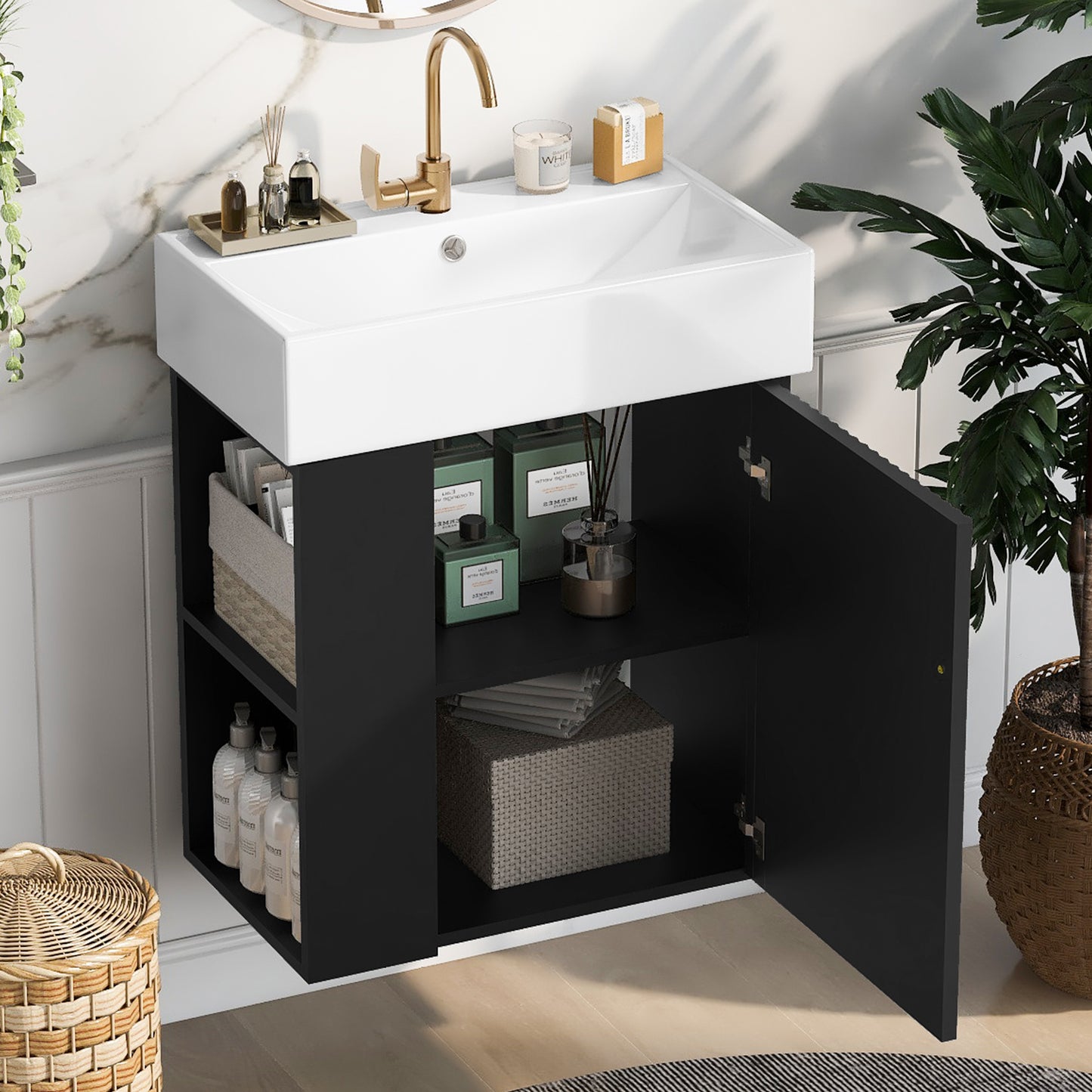 21.6 inch Modern Floating Bathroom Vanity with Ceramic Basin - Perfect for Small Bathrooms