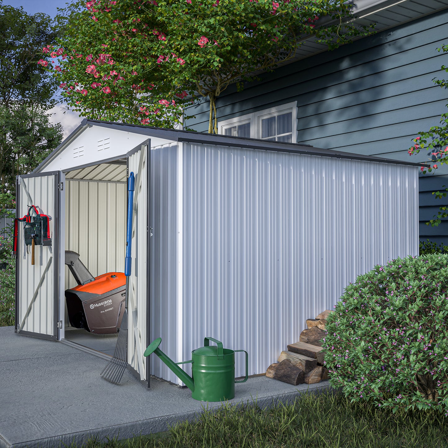 10 ft. W x 8 ft. D Outdoor Metal Storage Shed with Lockable Doors for Garden, Patio, Backyard, Lawn, White (75 sq. ft.)
