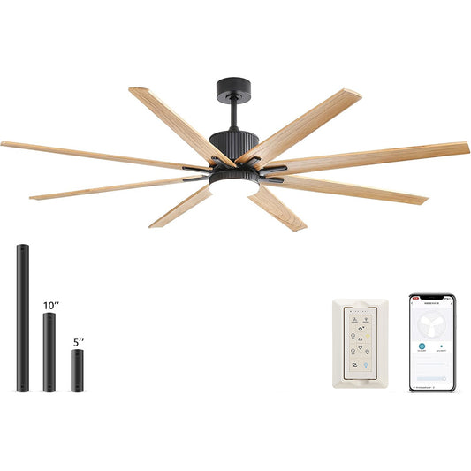 76 Inch Indoor Ceiling Fan With Dimmable 3 Color Led Light 8 Solid Wood Blades Remote Control Reversible DC Motor Wood