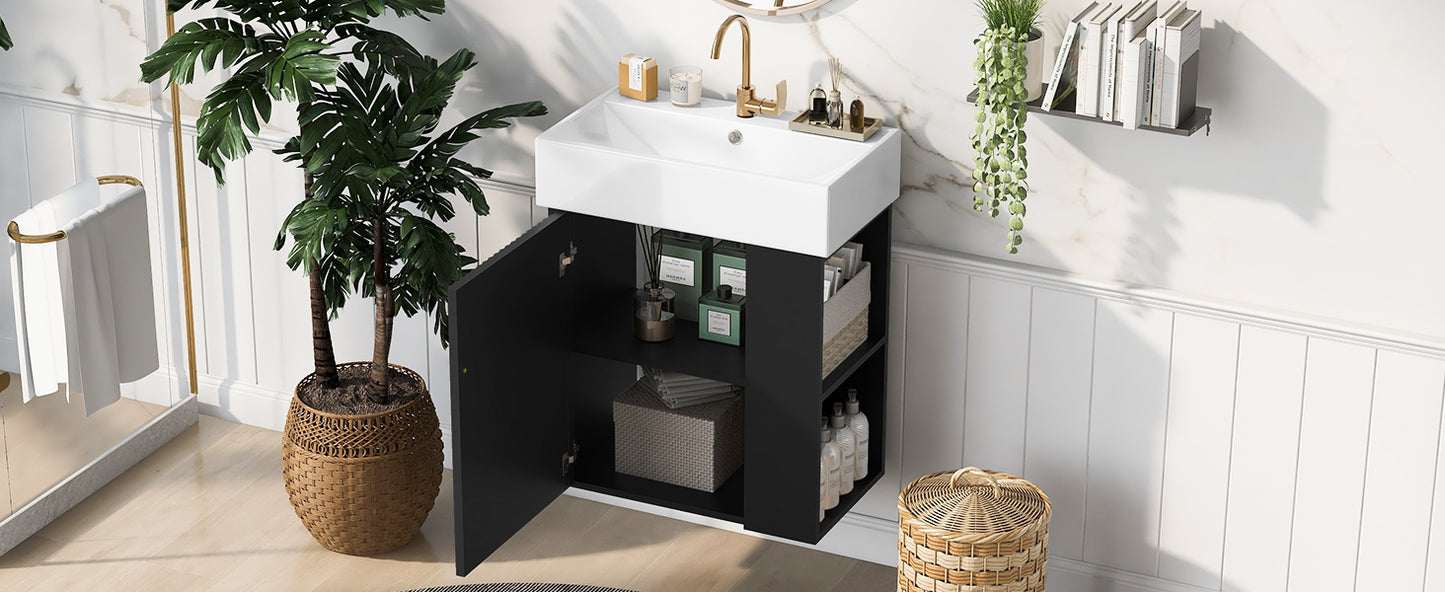 21.6 inch Modern Floating Bathroom Vanity with Ceramic Basin - Perfect for Small Bathrooms, Right side storage