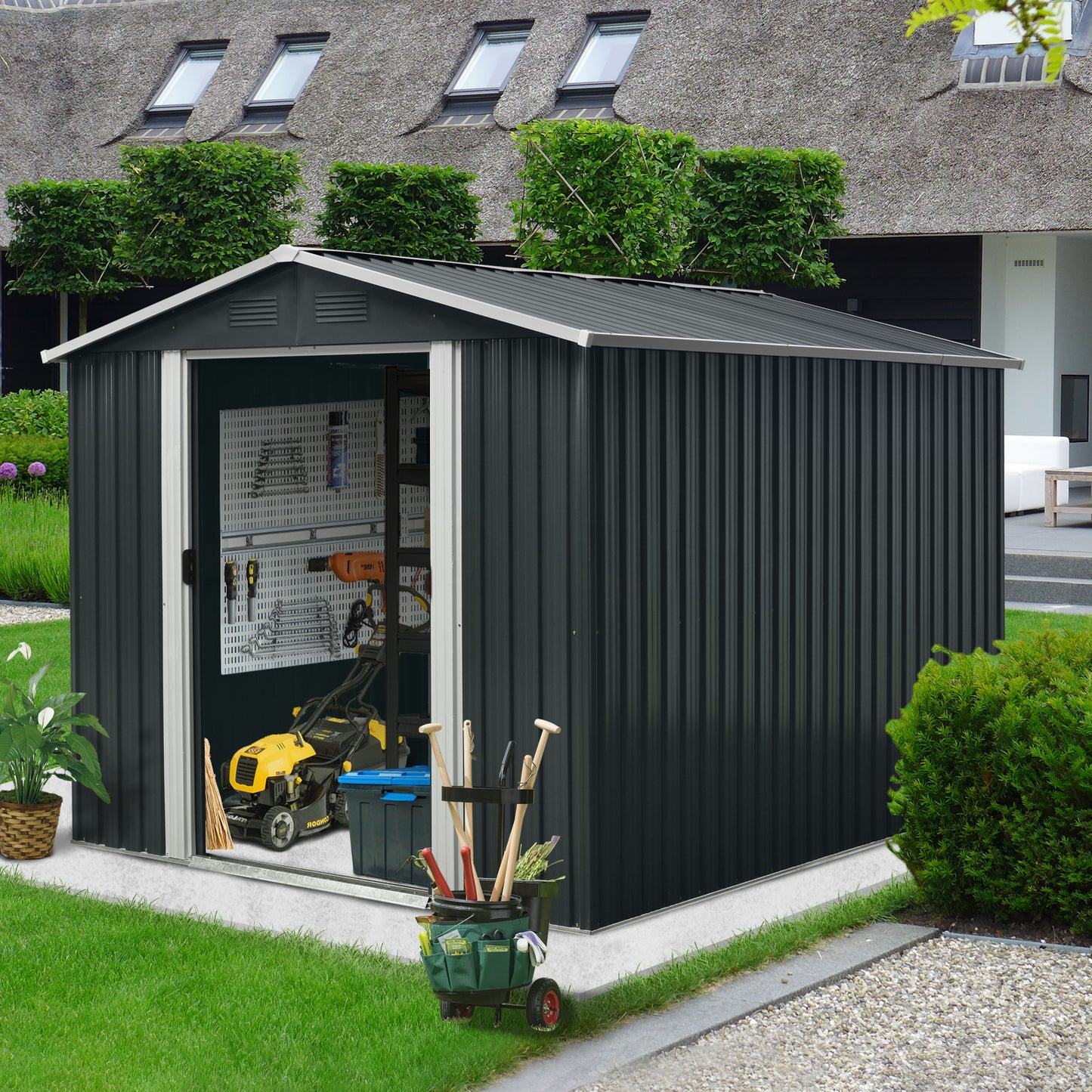 8 ft. x 10 ft. Outdoor Metal Storage Shed Garden Tool Room with Floor Base and Sliding Doors, Black (70 sq. ft. )