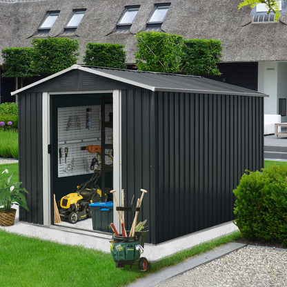 8 ft. x 10 ft. Outdoor Metal Storage Shed Garden Tool Room with Floor Base and Sliding Doors, Black (70 sq. ft. )