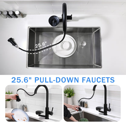 3-in-1 Kitchen Faucet with Press-Type Glass Rinser, High-Arc Pull-Down Sprayer Faucet, 3 Function Spray Mode, Matte Black Finish, for Modern Kitchen Sink