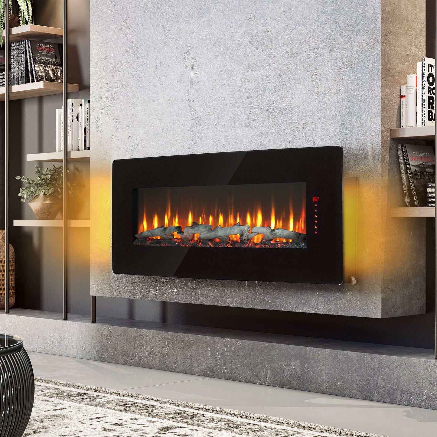 48 inch Curved Front Wall Mounted Electric Fireplace with Remote and Multi Color Flame & Emberbe