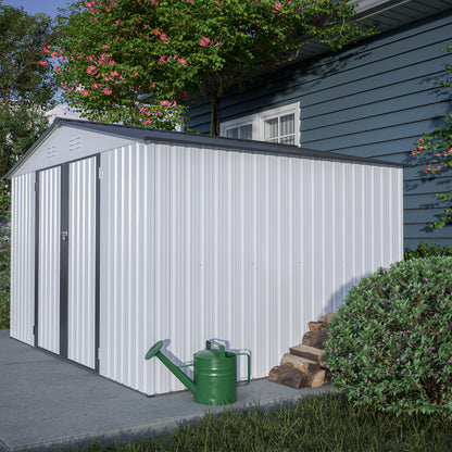 10 ft. W x 8 ft. D Outdoor Metal Storage Shed with Lockable Doors for Garden, Patio, Backyard, Lawn, White (75 sq. ft.)