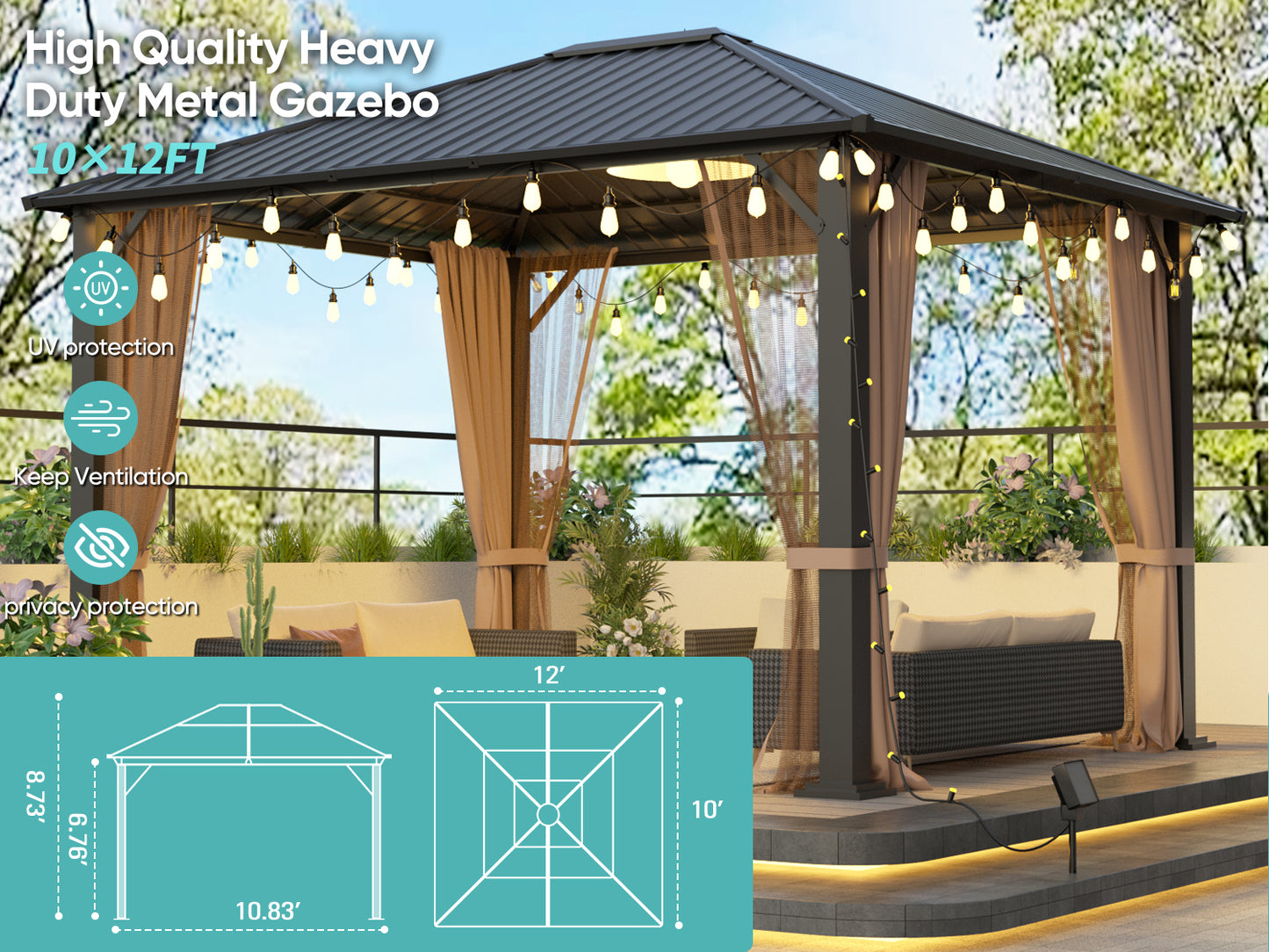 10 ft. x 12 ft. Hardtop Metal Gazebo, Heavy Duty Pergola with Mosquito Nets, Sturdy Outdoor Canopies Tent