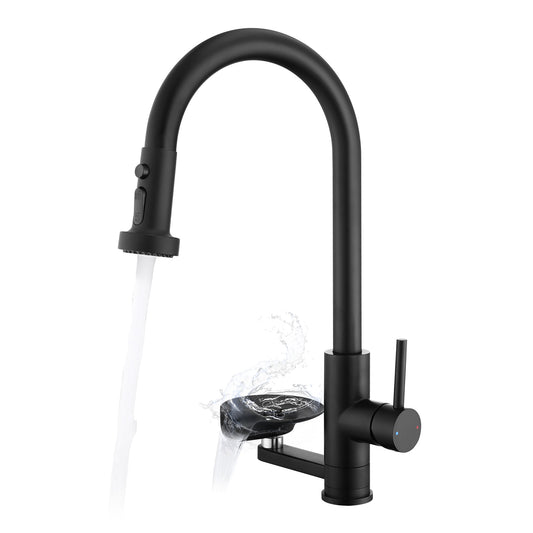 3-in-1 Kitchen Faucet with Press-Type Glass Rinser, High-Arc Pull-Down Sprayer Faucet, 3 Function Spray Mode, Matte Black Finish, for Modern Kitchen Sink