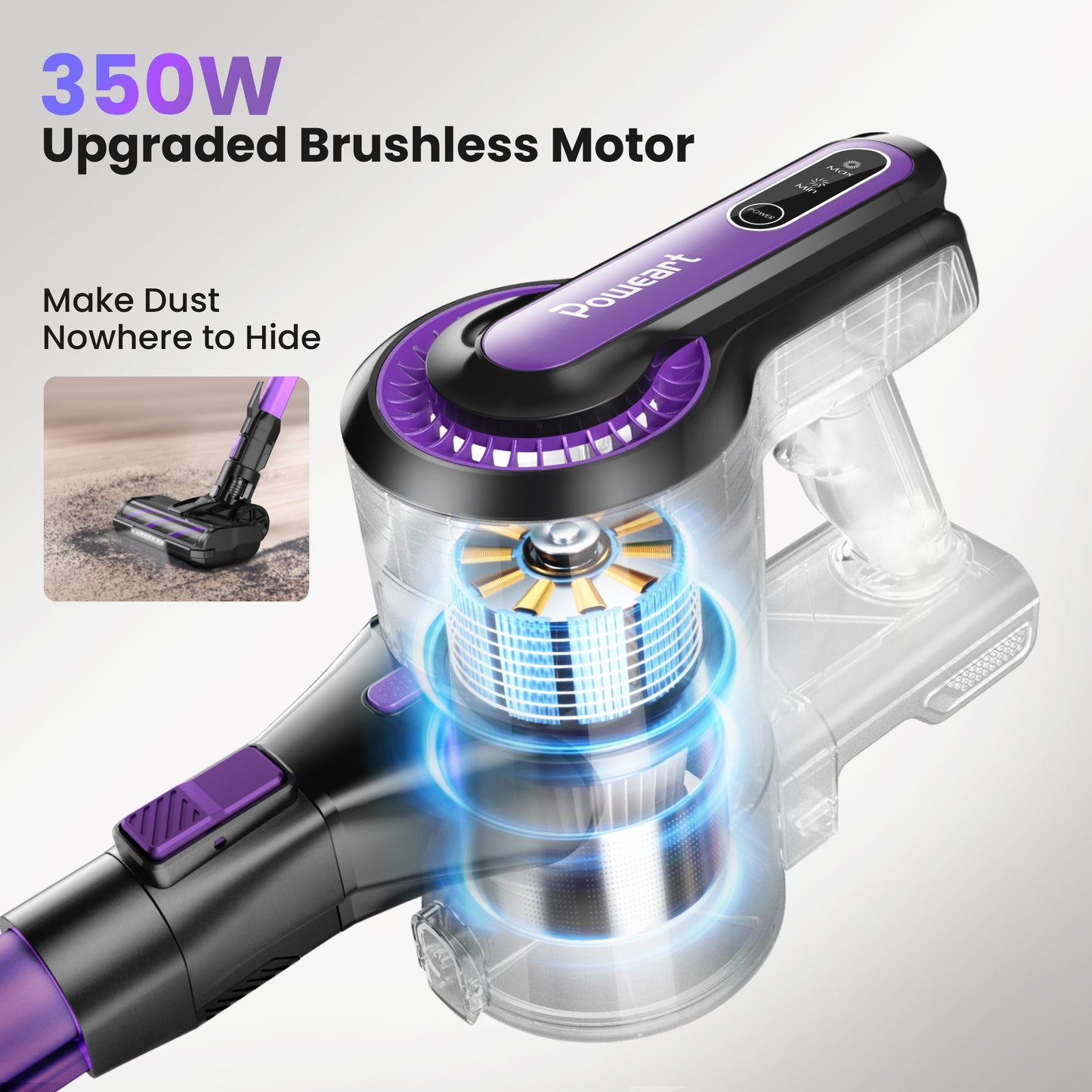 Purple Cordless Vacuum, 30KPa Suction, 350W Motor, 8-in-1 Cleaner