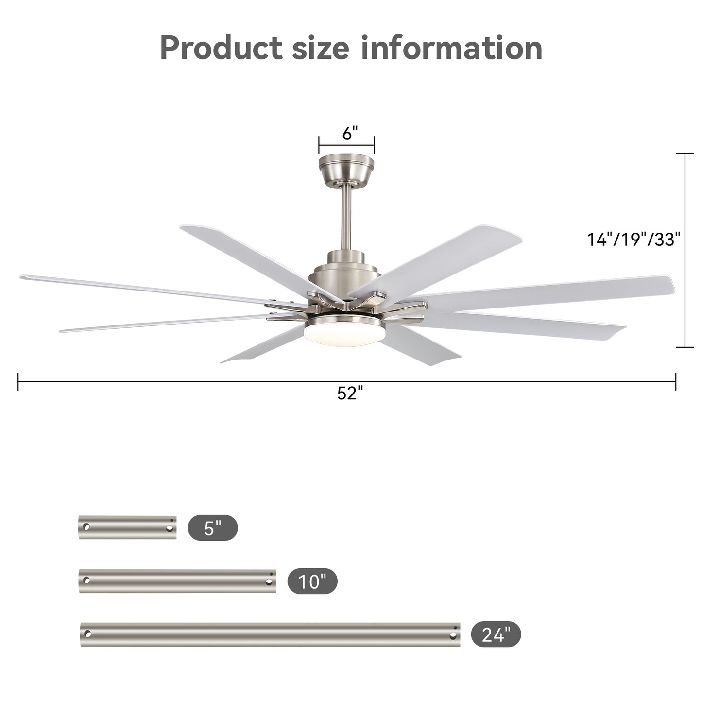 52 in. Downrod Mount Smart Ceiling Fan with Light and 8 Black ABS Blades Included, Voice Remote, 6 Wind Speeds