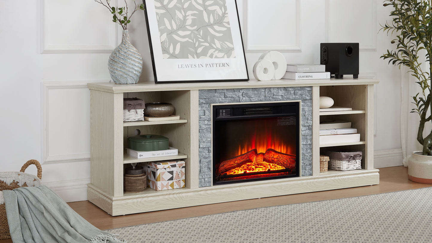 70 inch Large TV Desk Storage Rack with Faux Stacked Stone Surround, Media Console Table with Large Storage Cabinet