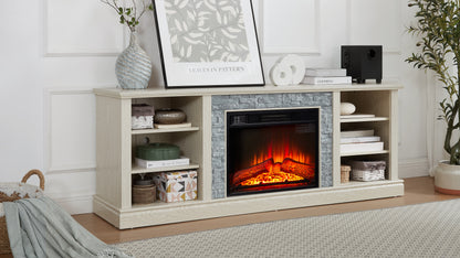 70 inch Large TV Desk Storage Rack with Faux Stacked Stone Surround, Media Console Table with Large Storage Cabinet