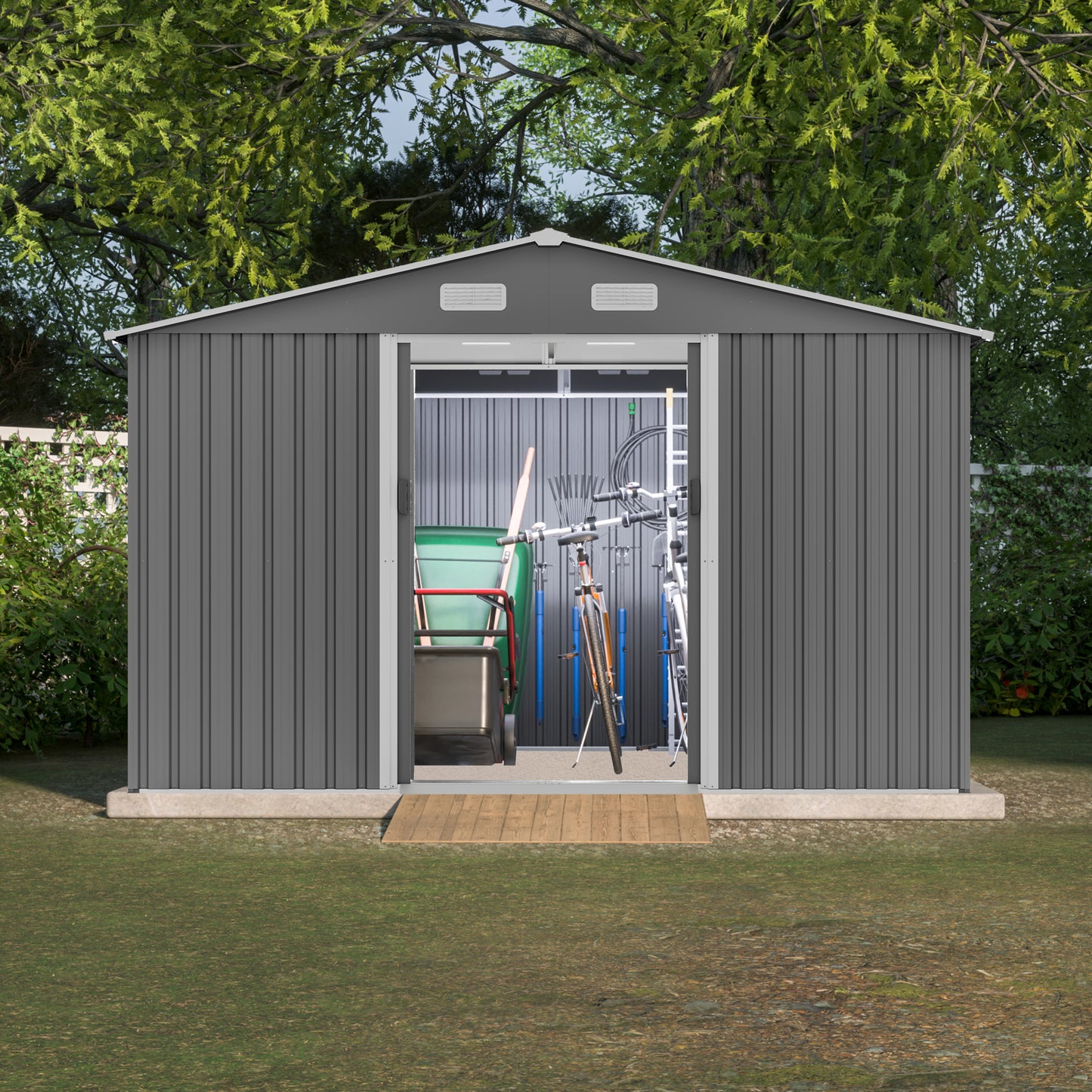 10 ft. W x 8 ft. D Outdoor Metal Storage Shed with Foundation and Lockable Doors for Patio, Backyard, Gray (73.8 sq.ft.)