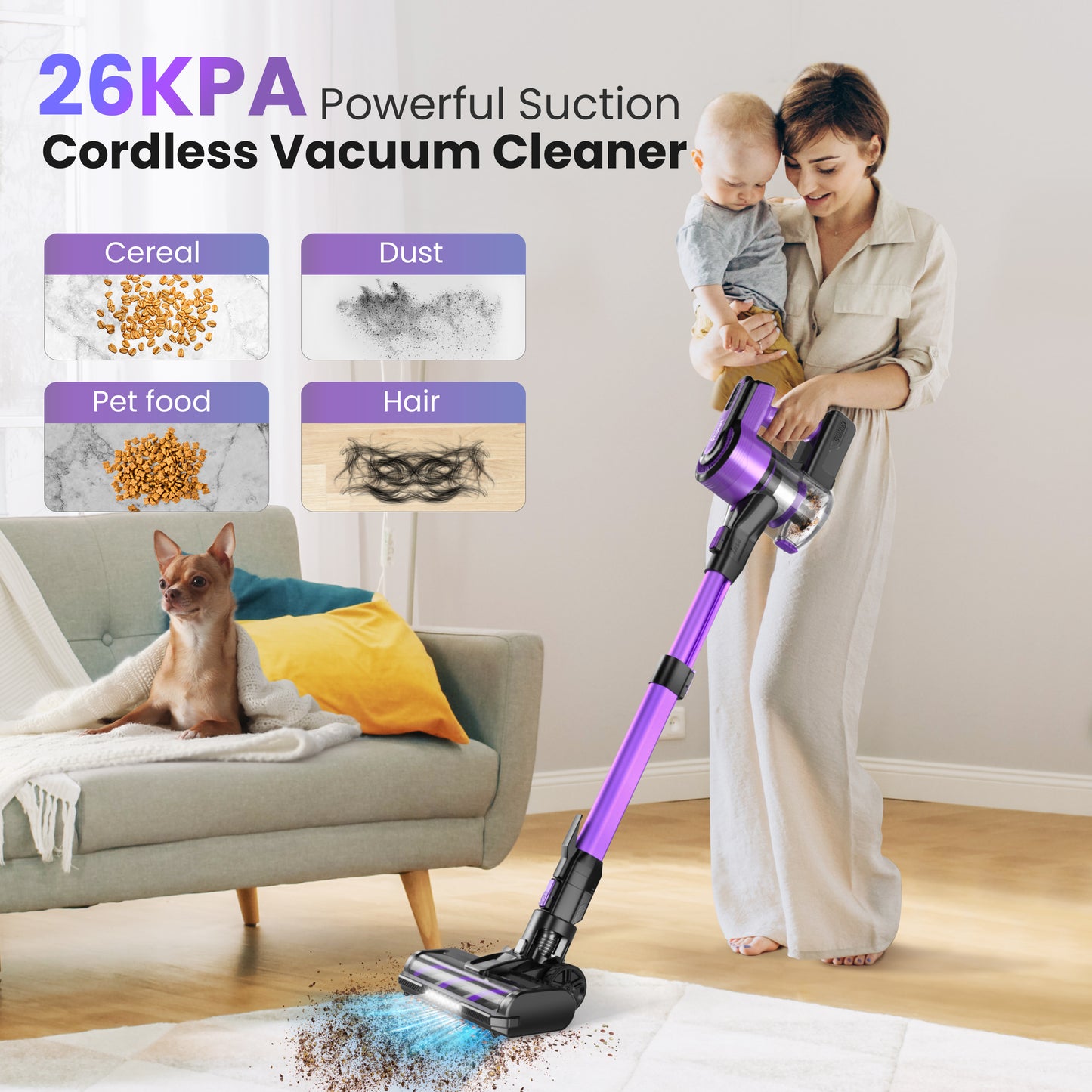 Purple Cordless Vacuum, 30KPa Suction, 350W Motor, 8-in-1 Cleaner