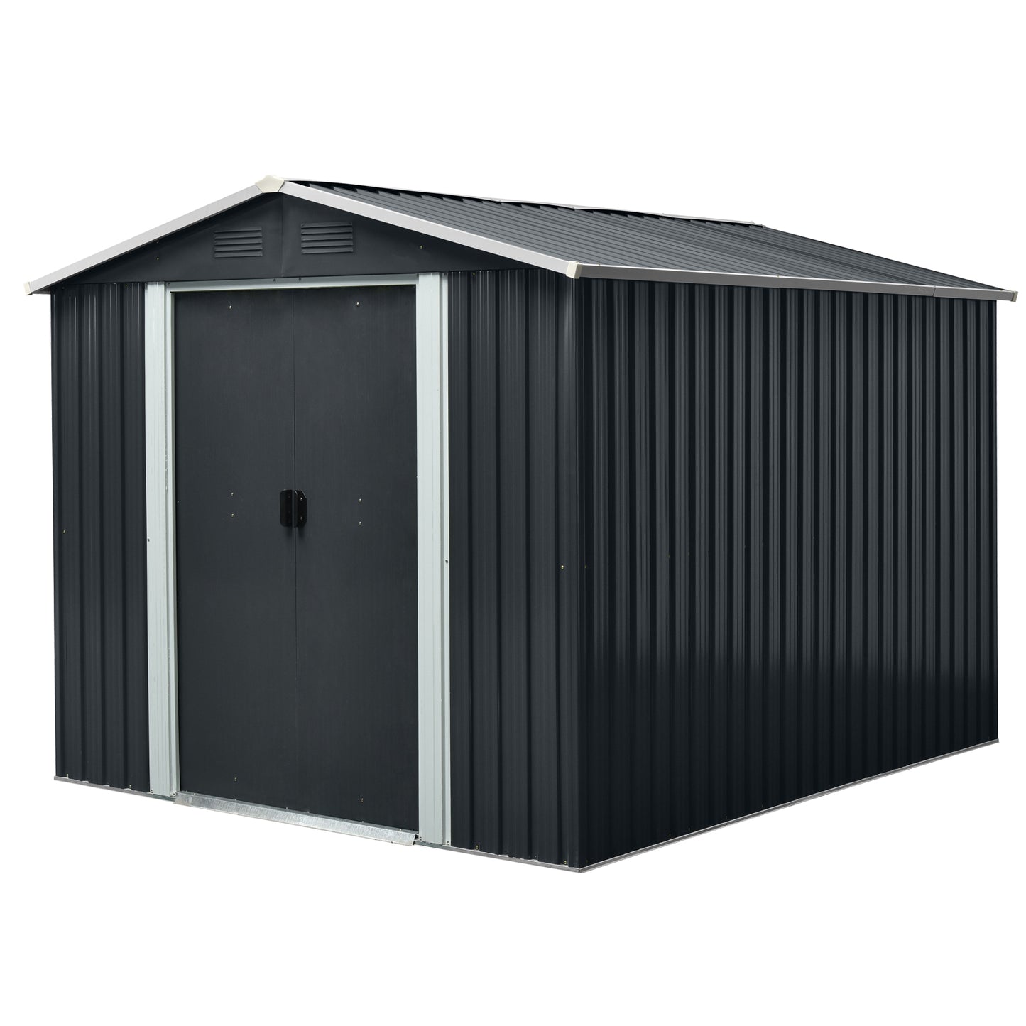 8 ft. x 10 ft. Outdoor Metal Storage Shed Garden Tool Room with Floor Base and Sliding Doors, Black (70 sq. ft. )