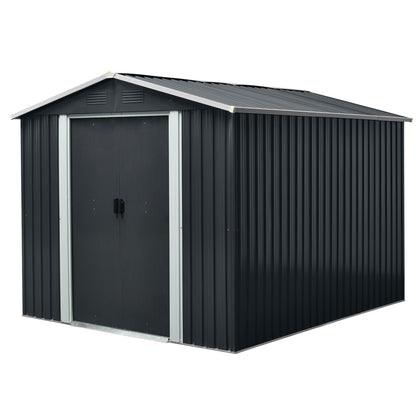 8 ft. x 10 ft. Outdoor Metal Storage Shed Garden Tool Room with Floor Base and Sliding Doors, Black (70 sq. ft. )