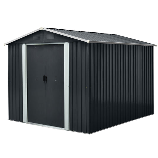 8 ft. x 10 ft. Outdoor Metal Storage Shed Garden Tool Room with Floor Base and Sliding Doors, Black (70 sq. ft. )